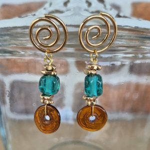 Spiral Turkuaz Kahverengi Boncuklu Küpe